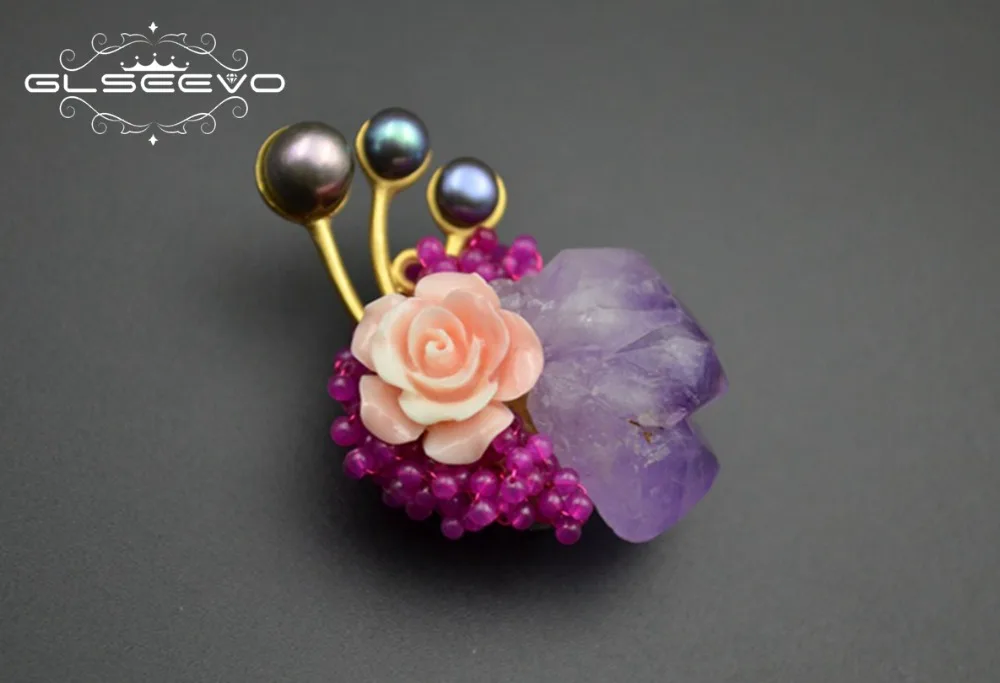 XlentAg Natural Purple Crystal Brooch Pins Fresh Water Black Pearl Flower Brooches Pendant Dual Use Luxury Fine Jewelry GO0047 | Украшения