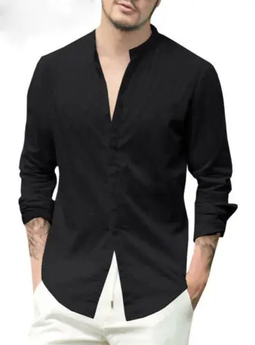 

New Men's Long Sleeve Shirt Cotton Linen Casual Shirt V-Neck Summer Beach Top Male Casual Solid Top Shirts Clothing