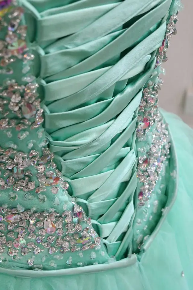 Блестящие камни бисеры мятно зеленый 3 предмета платья для quinceanera бальные 2016 с