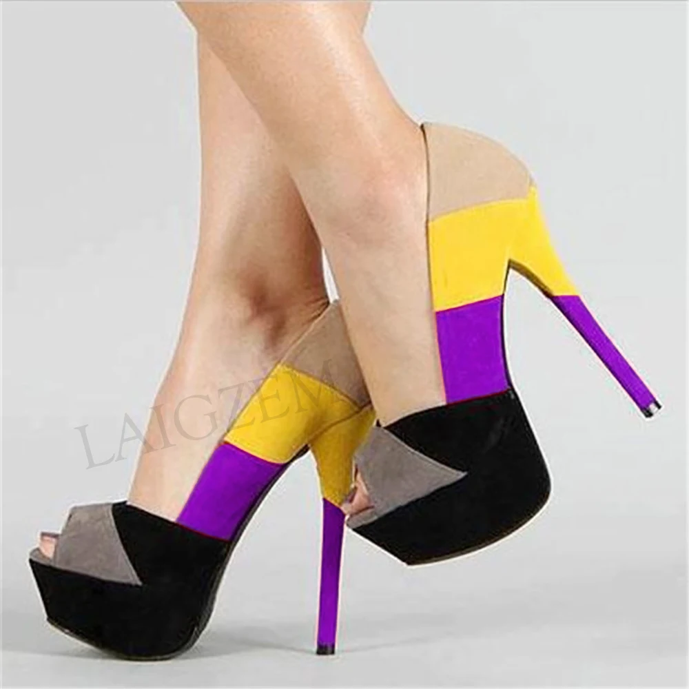 

LAIGZEM 2020 Women Platform Heels Colors Blocking Pumps Evening Party Peep Toe Summer Autum Shoes Tacones Mujer Large Size 34-52