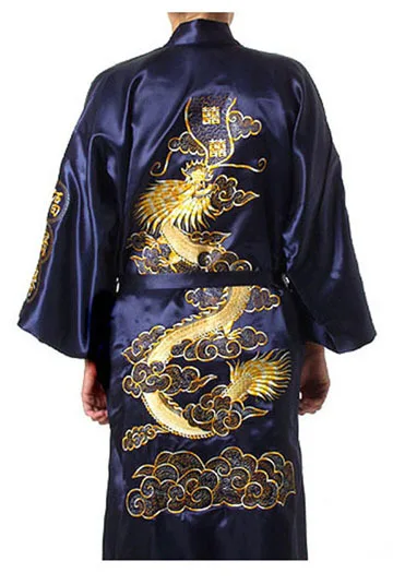 Hot Sale Blue Chinese Men's Silk Satin Bathrobe Embroider Kimono Gown Vintage Dragon Pattern Sleepwear S M L XL XXL XXXL MR020