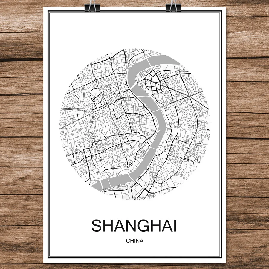 SHANGHAI Черно-белая карта мира Рига, Латвийская печать, плакат с покрытием, бумага для кафе, бара, гостиной, украшения дома, стикер на стену - Цвет: SHANGHAI