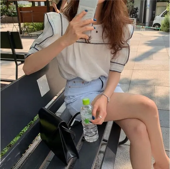 WHITNEY WANG блузки женские 2019 Летняя мода уличная полосатая окантовка матросский