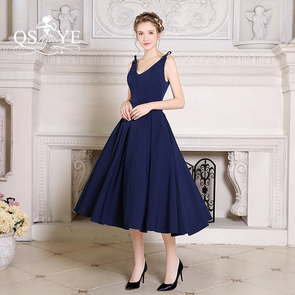Темно Синие атласные вечерние платья длиной до колена 2017 Vestidos с v образным
