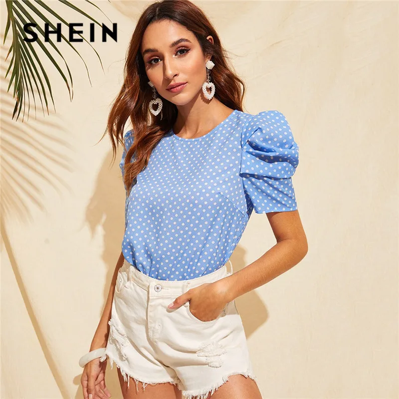 SHEIN летняя блузка в горошек с замочной скважиной на спине, с пышными рукавами, женская одежда, повседневные женские топы с круглым вырезом и коротким рукавом