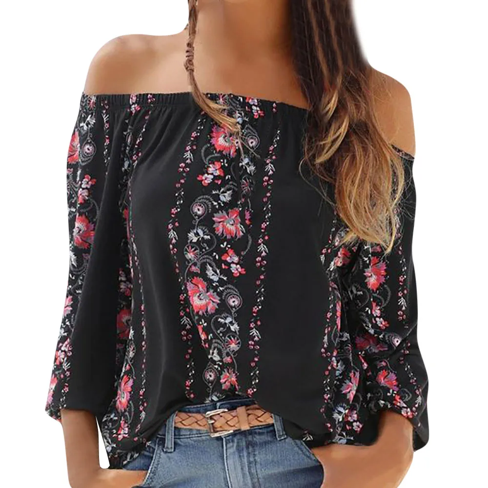 Женская рубашка с воротником лодочкой длинным рукавом и цветочным