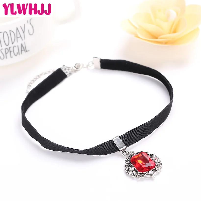 YLWHJJ brand girls red square gem crystal choker necklace for women black velvet rhinestone statement fashion jewelry Torques | Украшения и