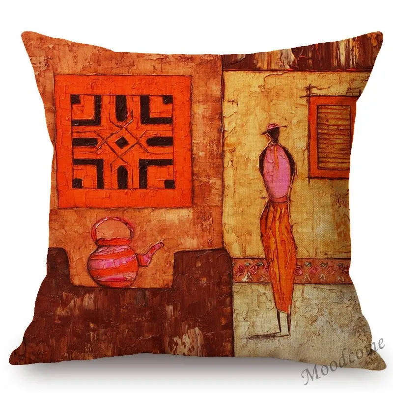 2019 Africa Impression Paintin Antique Red Decoration Throw Pillow Orange African Life Dancing Cartoon Art Linen Cushion Cover | Дом и сад