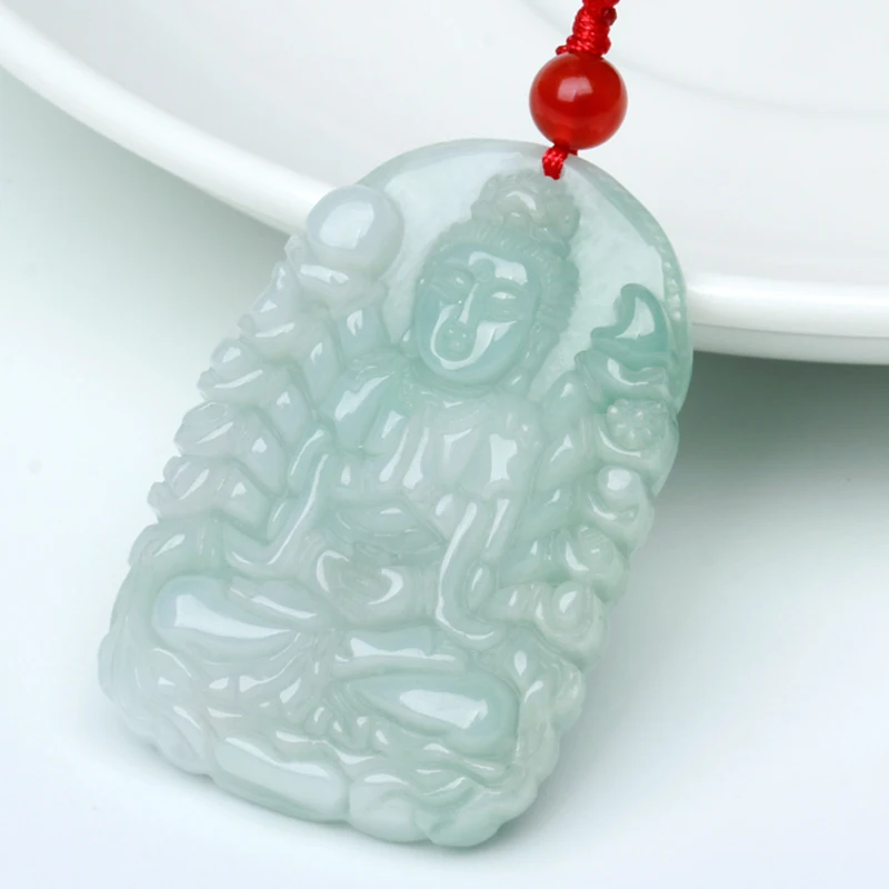 Подвеска Будды из натурального зеленого камня Yu с резьбой по тысяча рук Guanyin