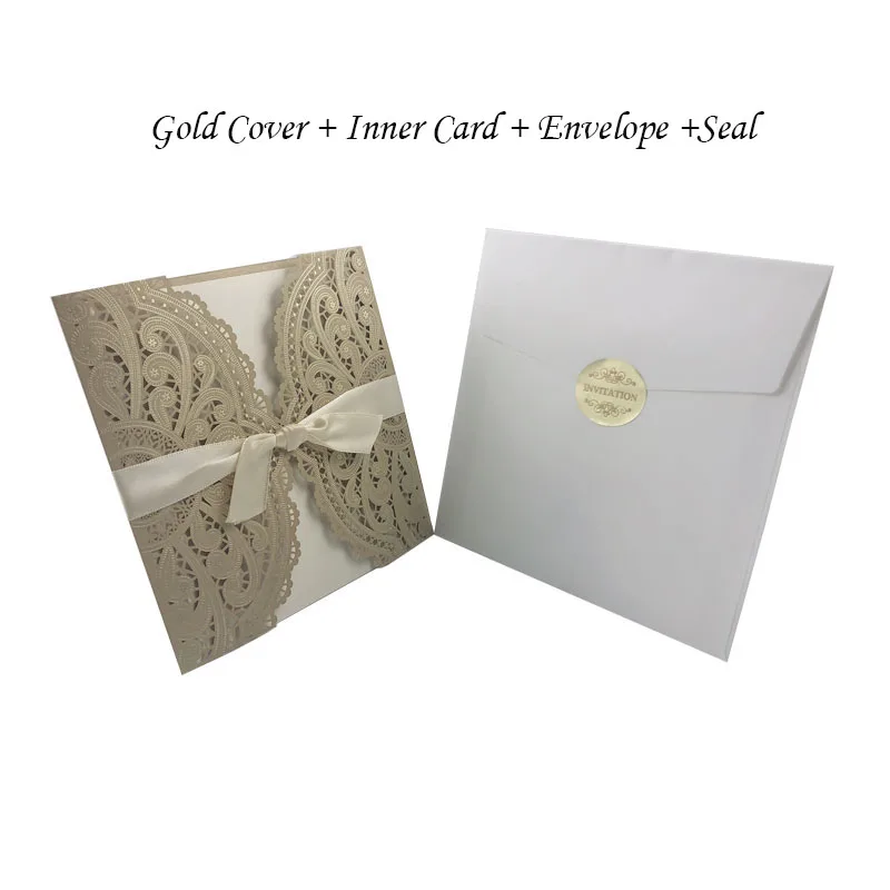 One Set Gold 1 шт., синий, белый, золотой, красный, лазерная резка, свадебные приглашения, карты, элегантные, на заказ, с лентой, для праздника, дня рождения, вечеринки, свадебные украшения - Цвет: One Set Gold