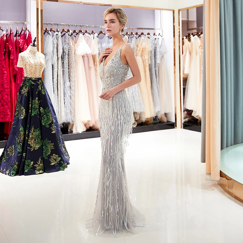Grey Evening Dress Beaded Evening Gown Women Party Dresses V Neckline Feather Dresses Luxury New Arrival