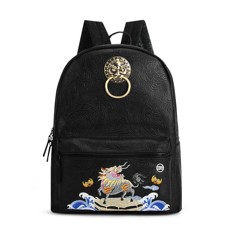 Рюкзак мужской в китайском стиле брендовый винтажный ранец с вышивкой головы