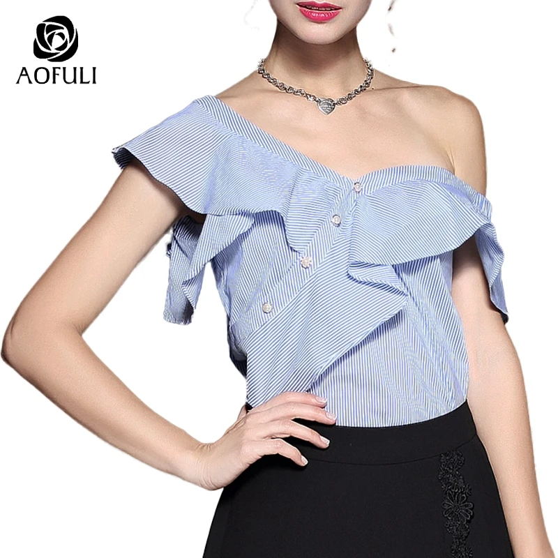 Размер-M сексуальные женские со складками с открытыми плечами полосатая рубашка