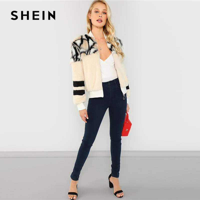 SHEIN Куртка Из Эко Меха На Молнии Стильная Куртка С Животным Принтом Укороченная Куртка