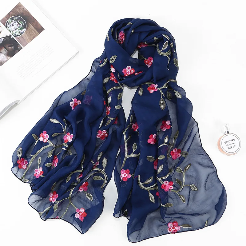 

New Design Brand Solid Floral Embroidery Summer Scarf Travel Sunscreen Beach Shawl Women Muslim Hijab Shawl Long Soft Wrap
