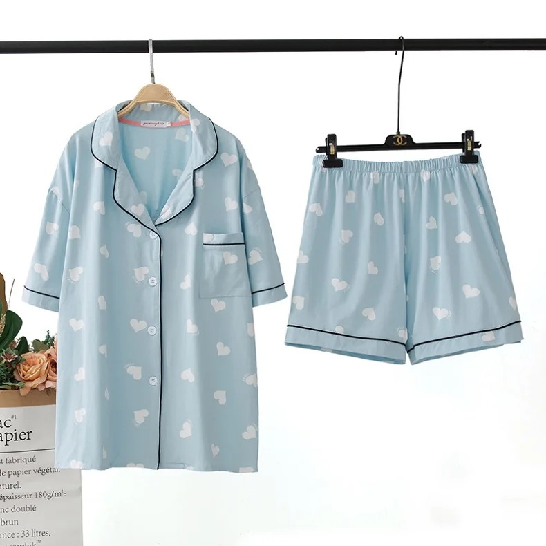 Heart Prints Blue Плюс Pijama 4XL 5XL Женские Сердца Печатает пижаму с коротким рукавом шорты пижамы Хлопок Домашняя одежда розовые пижамы - Цвет: Heart Prints Blue