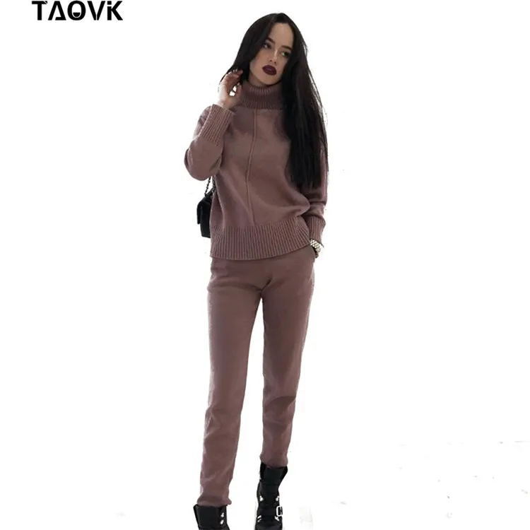 TAOVK, женские вязаные костюмы, весенний свитер, набор, средняя линия, водолазка, пуловер, свитер, штаны, два предмета, наборы, теплые костюмы для бега