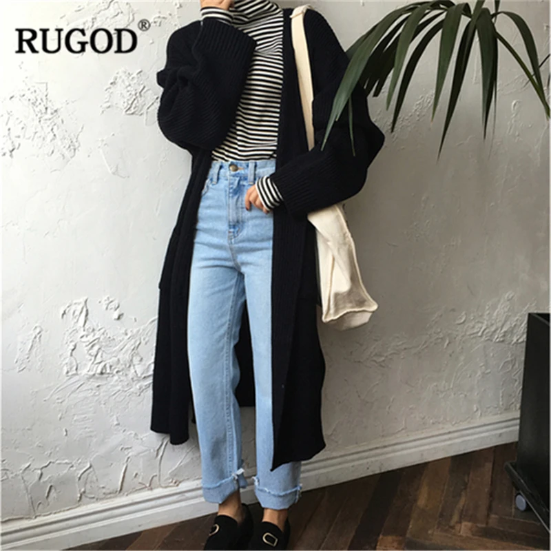 RUGOD 2018 новый корейский вязаный кардиган с карманами Женский Осенний длинный