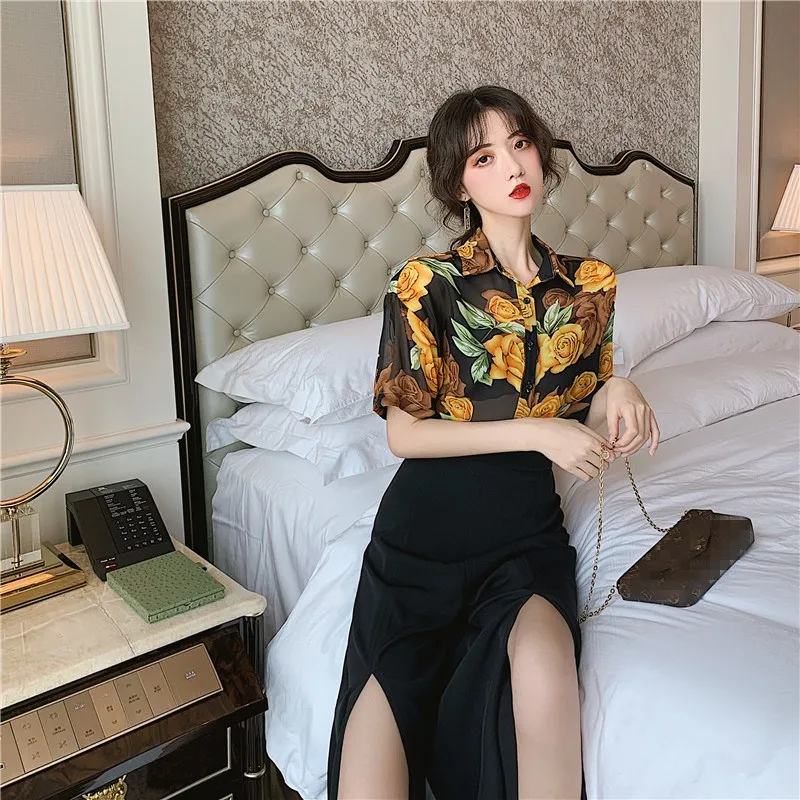 LISM 2019 Elegant Two Piece Set Top And Pants Transparent Floral Chiffon Blouse Femme+Slit Sexy Long Wide Leg Pant Club Outfit | Женская