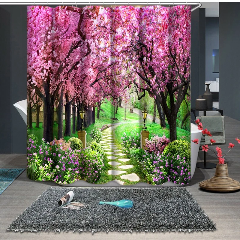 

3D Peach Blossom Forest Sweet Lilies Shower Curtains Bathroom Curtain Waterproof Thickened Bath Curtain Customizable