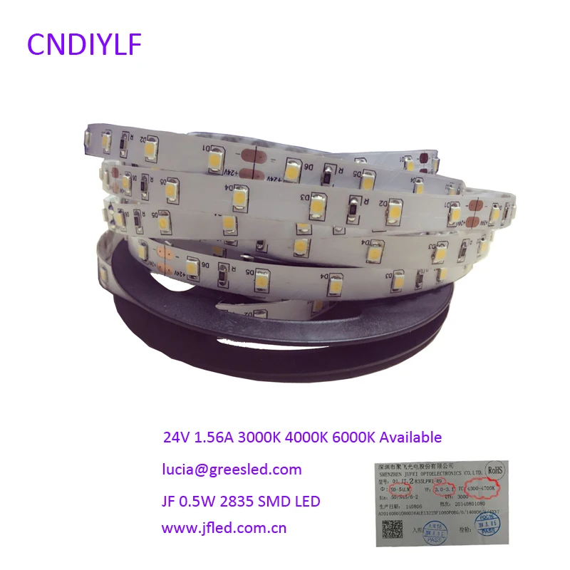 2017 Новое поступление CRI&gt 90 Светодиодные ленты 24 В 4300 К 2835 SMD LED 0.5 Вт 55 65lm 37 Вт/5 м 60LED/M
