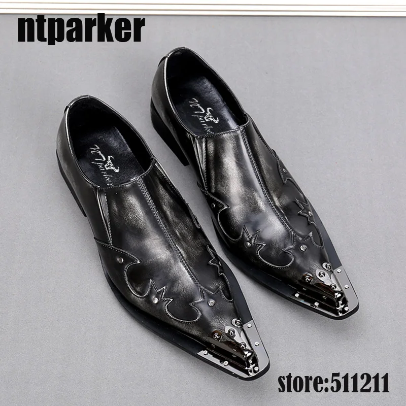 Ботинки с металлическим Western Стиль мужские туфли из натуральной кожи Деловые