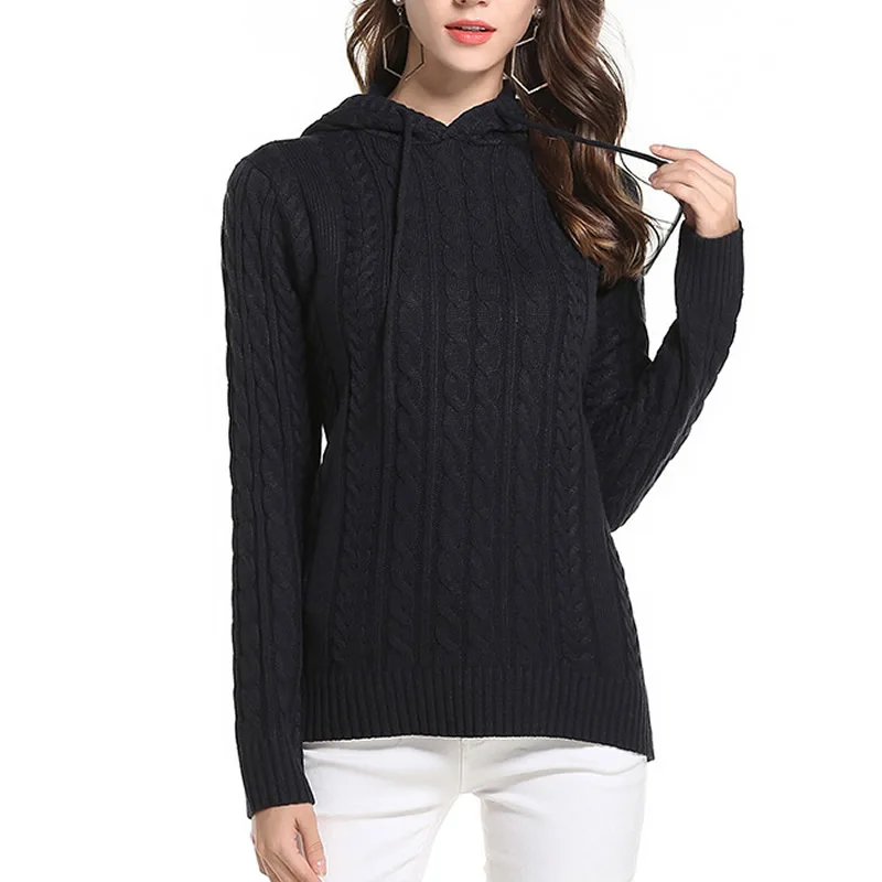 2018 Winter Autumn Woman Red Knitted Hooded Sweaters Pullovers Long Sleeve Thermal Solid White Black Pull Femme Hiver | Женская одежда
