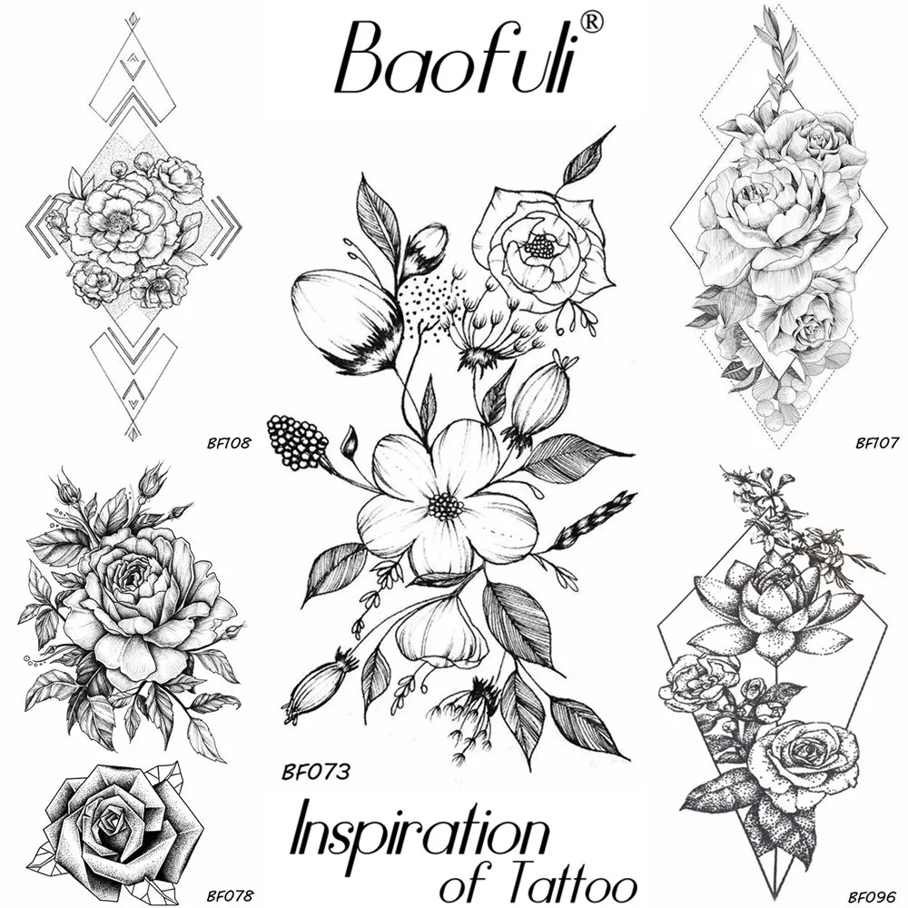 BAOFULI Lifelike Flowers Temporary Tattoo Stickers Black Water Transfer Fake Tatoos Women Body Art DIY Neck Arms Legs |