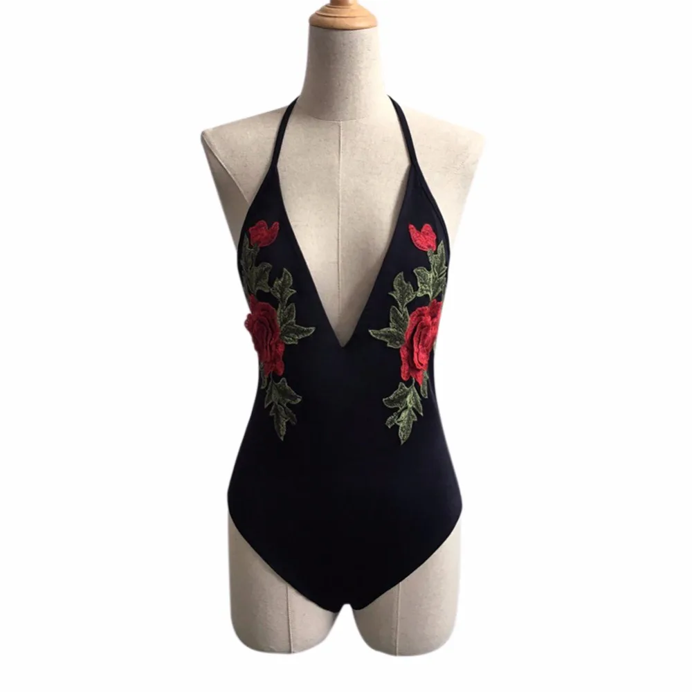 Женский сексуальный черный Боди Chesmono с низкой спинкой и цветочной вышивкой