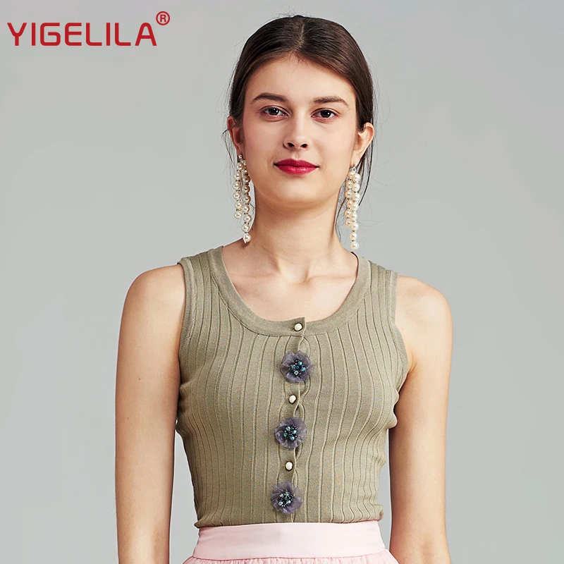 Женская трикотажная рубашка YIGELILA Облегающая с о вырезом без рукавов аппликацией