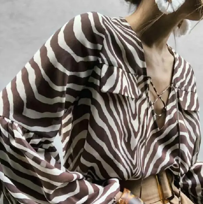2019 Для женщин Фонари рукава с принтом зебры блузка V-Neck Lace-Up Бохо уличной