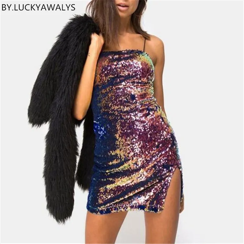 2019 летнее модное блестящее платье с разрезом и блестками женское мини без