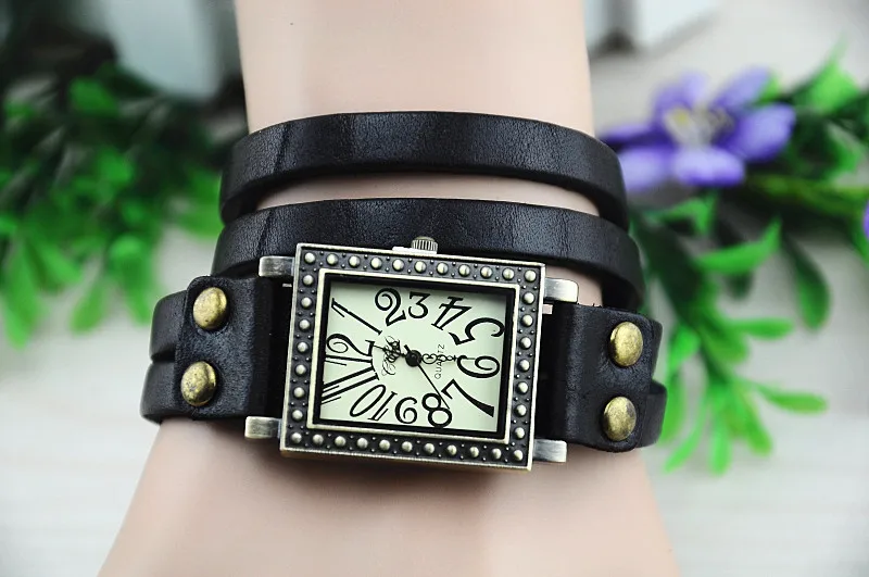 2 шт состаренная бронза прямоугольные часы черный двойной широкий кожаный