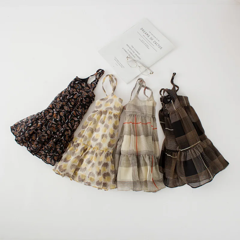 2018 Autumn New Arrival plaid and flowers printed Chiffon suspender Long Dress with Clip Inside for cute sweet princess girls | Детская