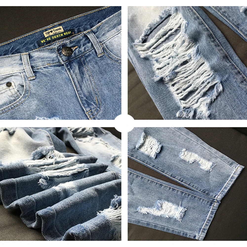 Hot Sale Regular Straight Casual Blue Plus Size Hole Ripped Women's jeans with Min Waist Zipper Pants Buttom Full Length Trouser |