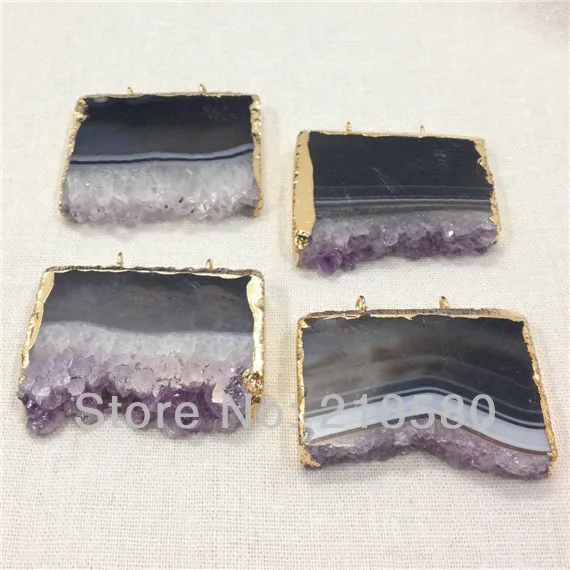 

H-AMD Raw Druzy Amethysts Slice Pendant with Gold Or Silver and Two Loops