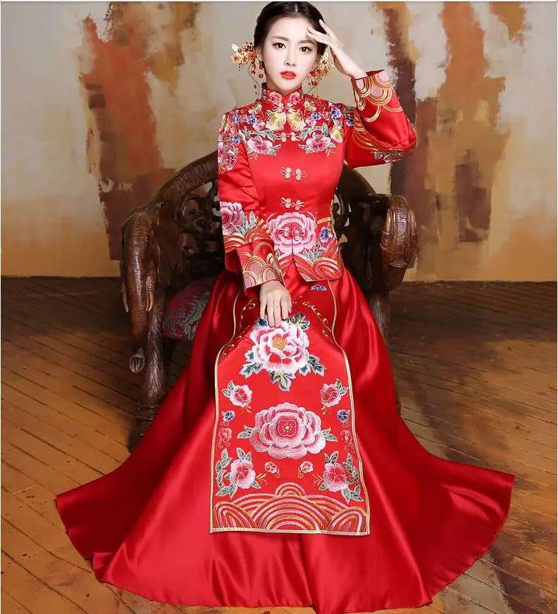 Красное винтажное китайское кимоно женское длинное свадебное вечернее платье