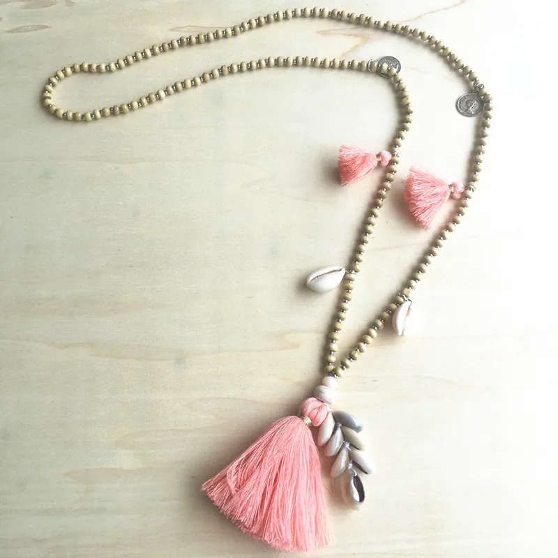 Ожерелья из деревянных бусин DM женское длинное ожерелье с бахромой ракушек