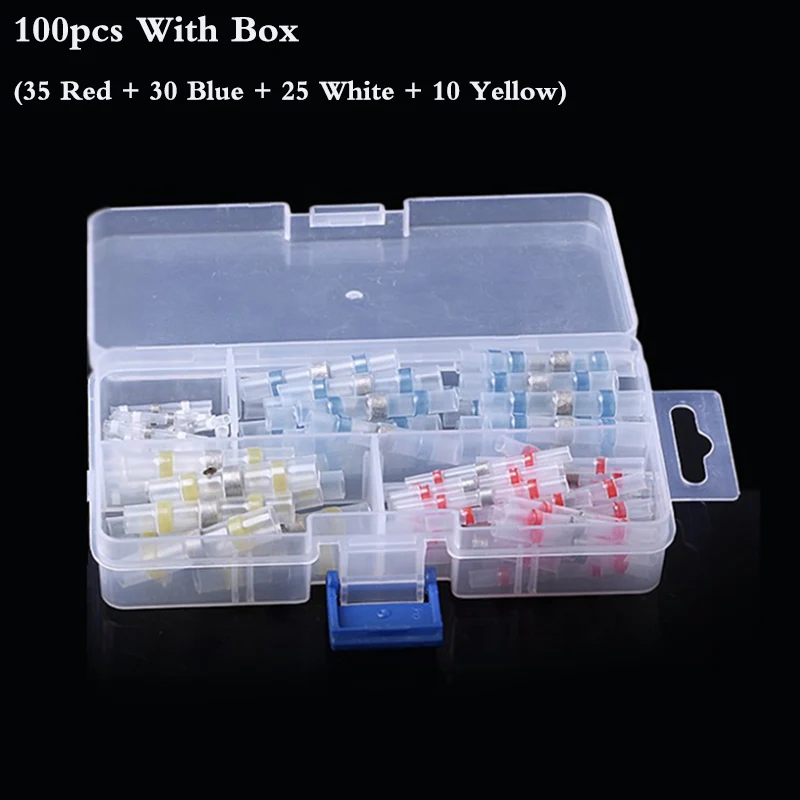 100PCS With Box 50/100 шт. наконечник с припоем Водонепроницаемый утепленная уплотнение термоусадочный стыковой рукав терминалов трубка для электрических проводов разъем 26-10AWG - Color: 100PCS With Box