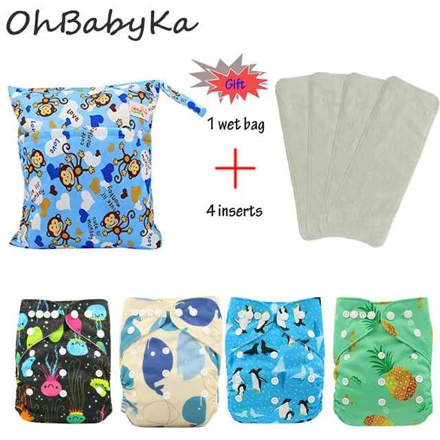 03 OhBabyKa 8 упаковок многоразовые подгузники для младенцев с героями мультфильмов, подарочные моющиеся детские карманные тканевые подгузники+ 3 слоя микрофибры вставки - Цвет: 03