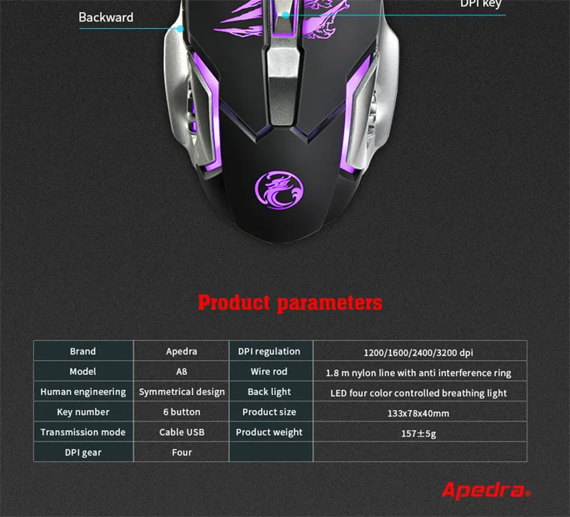 Apedra A8, Механический дизайн, USB, 6 кнопок, Проводная игровая мышь, 3200 dpi, оптическая профессиональная игровая мышь для ПК, ноутбука, компьютера, геймера