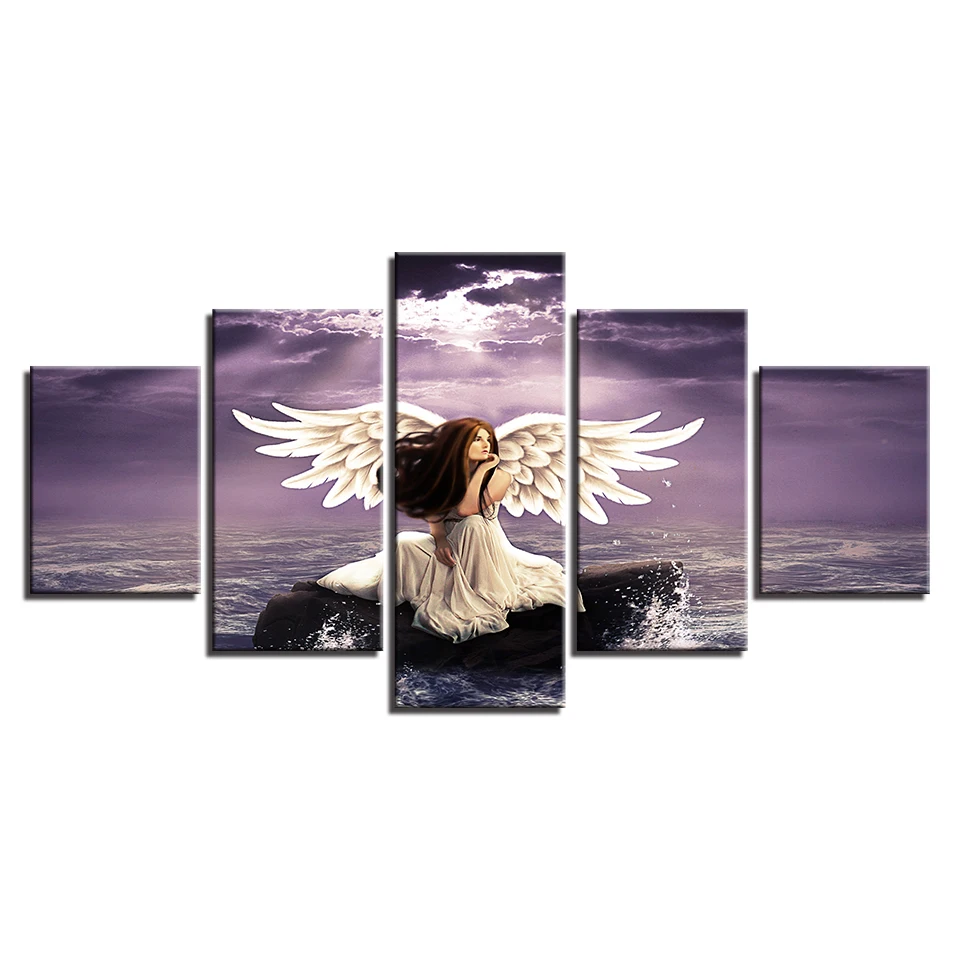 Printing Scenery Canvas Pictures Decor Modern Wall 5 Pieces Girl Angel Wings And Sea Water Painting Framework Modular Poster Art | Дом и сад