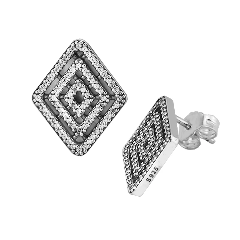 

Geometric Lines Stud Earrings with Clear CZ 100% 925 Sterling-Silver-Jewelry Free Shipping