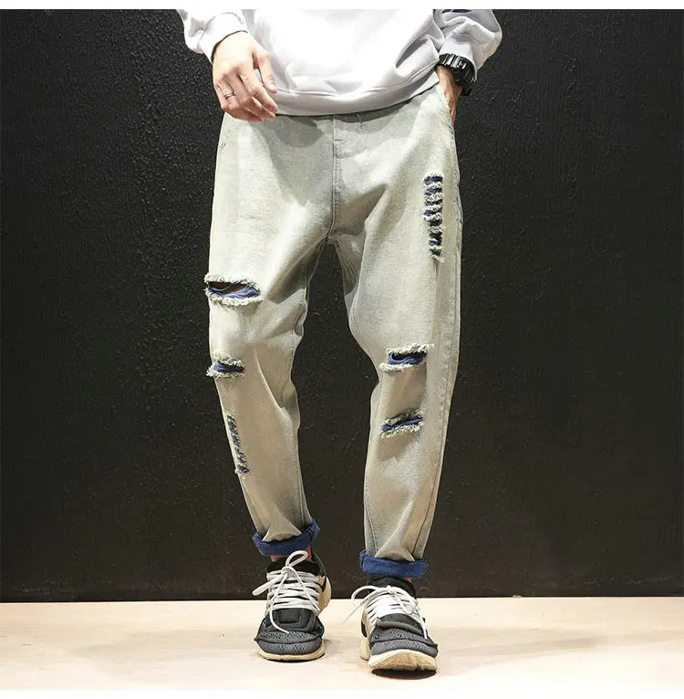 Весна Осень Новые потертые Мужские джинсы брюки Slim Fit дизайн Рваные дыры уличная джоггер джинсы для мужчин