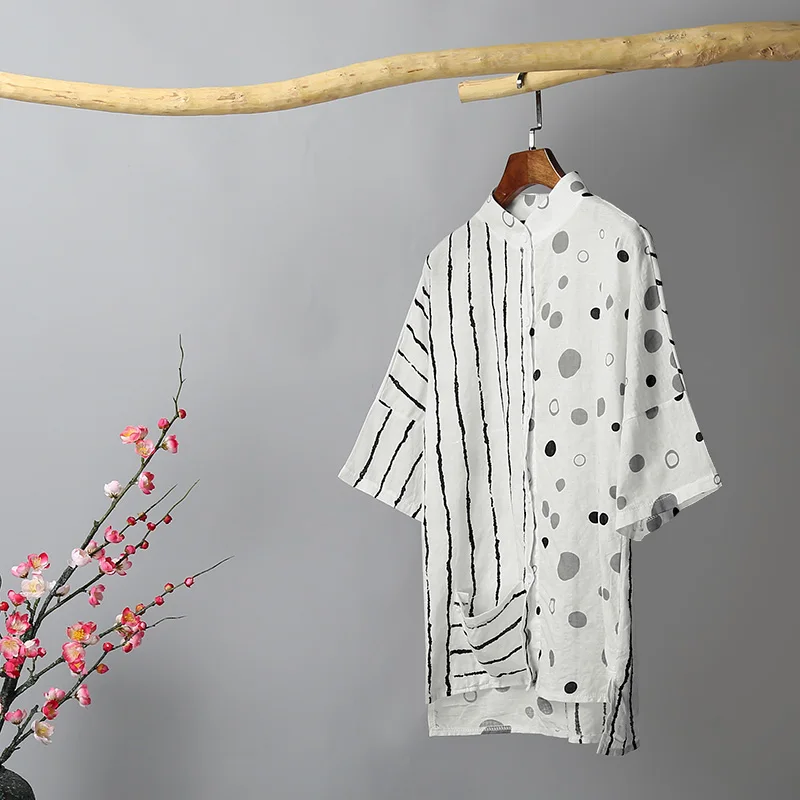 Белый Летние топы, Женские топы и блузки, 5XL, большие размеры, в полоску, в горошек, с принтом, винтажные Хлопковые Туники, нестандартные блузки для женщин - Цвет: Белый