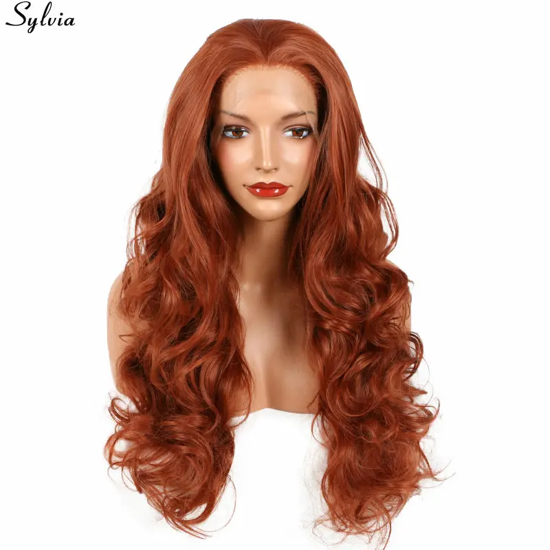 #350 Sylvia Мягкие Длинные объемные волнистые 350# оранжевые медные красные термостойкие парики для волос синтетический парик для фронта шнурка бесплатно разделенные натуральные волосы - Цвет: #350