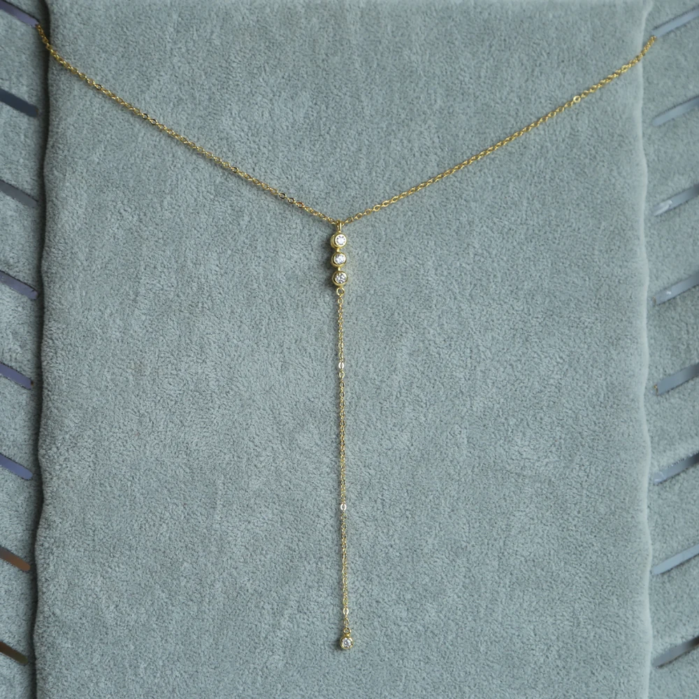 gold filled three stone cubic zirconia simple classic design long chain lariat Y CZ lady necklace | Украшения и аксессуары