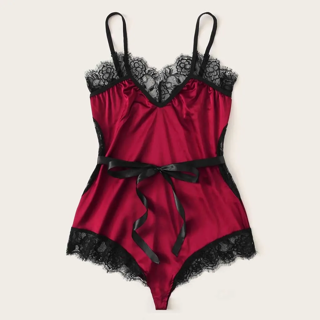 Lace Sleepwear Bodysuit Sexy V collar Eyelash Stain Silk Babydoll Women Jumpsuit Pajamas Lingerie Underwear Nuisette |