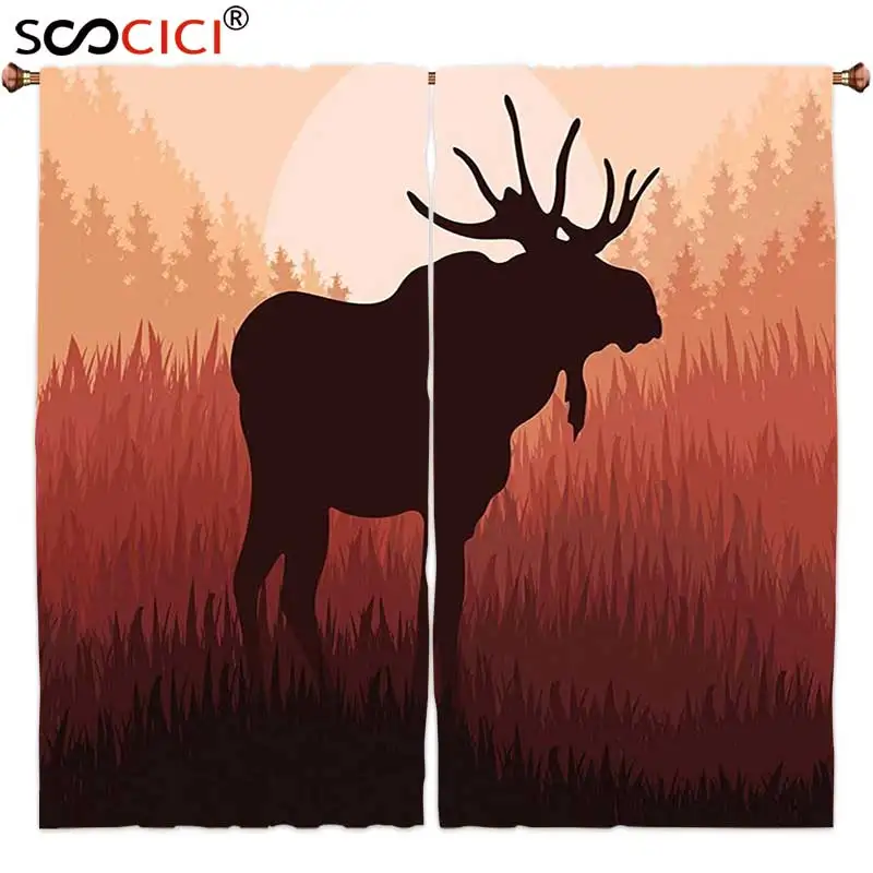 Шторы на окна 2 панели лосячие оленьи рога в дикой природе Аляска ржавый красный