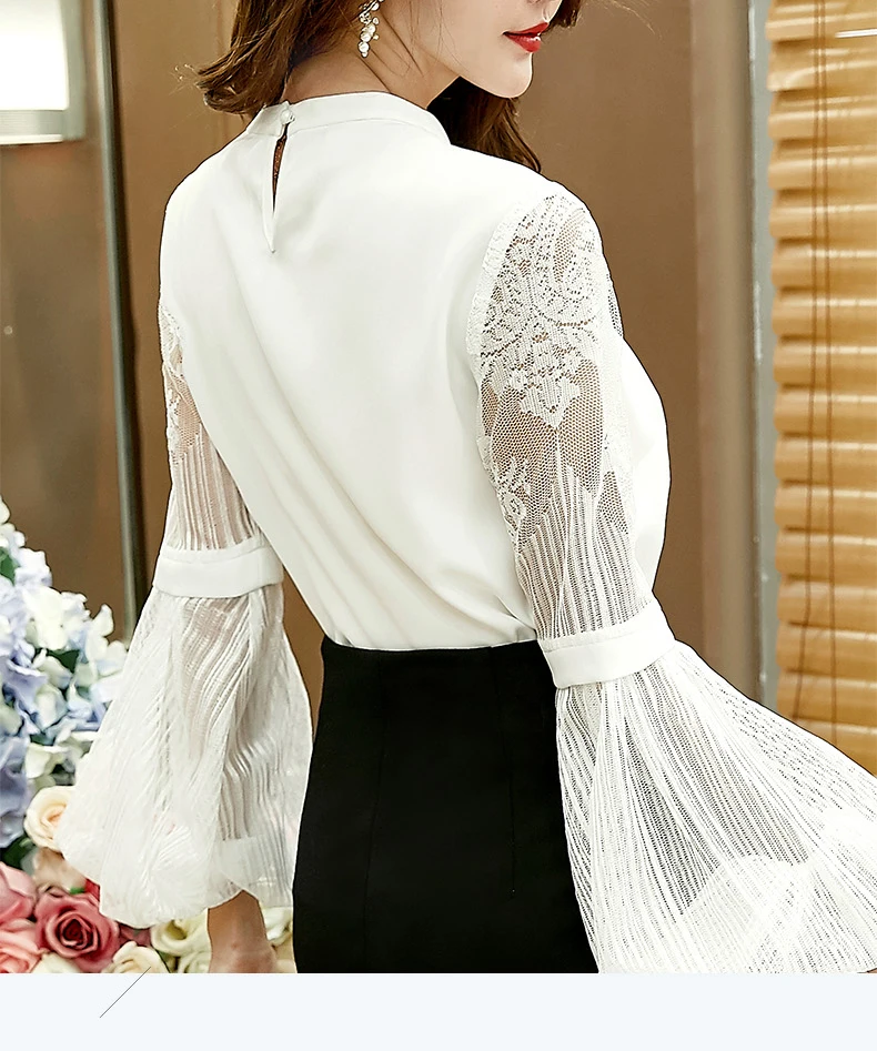 3 Solid Colors Vintage Lantern Sleeve Shirts Womens Fashion Hollow Out Lace Tops Female O-Neck Chiffon | Женская одежда